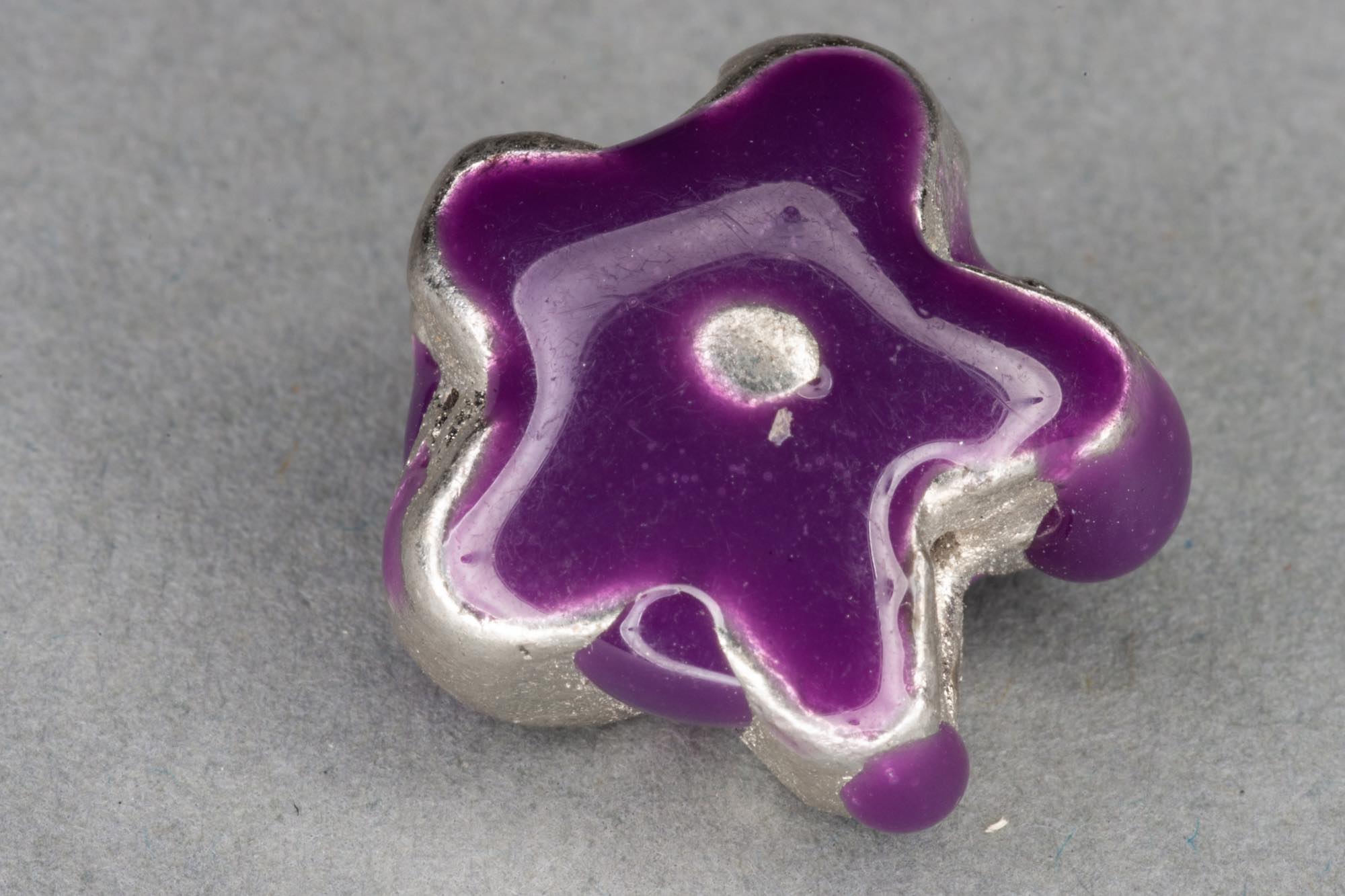 Silver Plated Metal Flower Bead With Purple Enamel Effect 14x7mm, 1.2mm hole