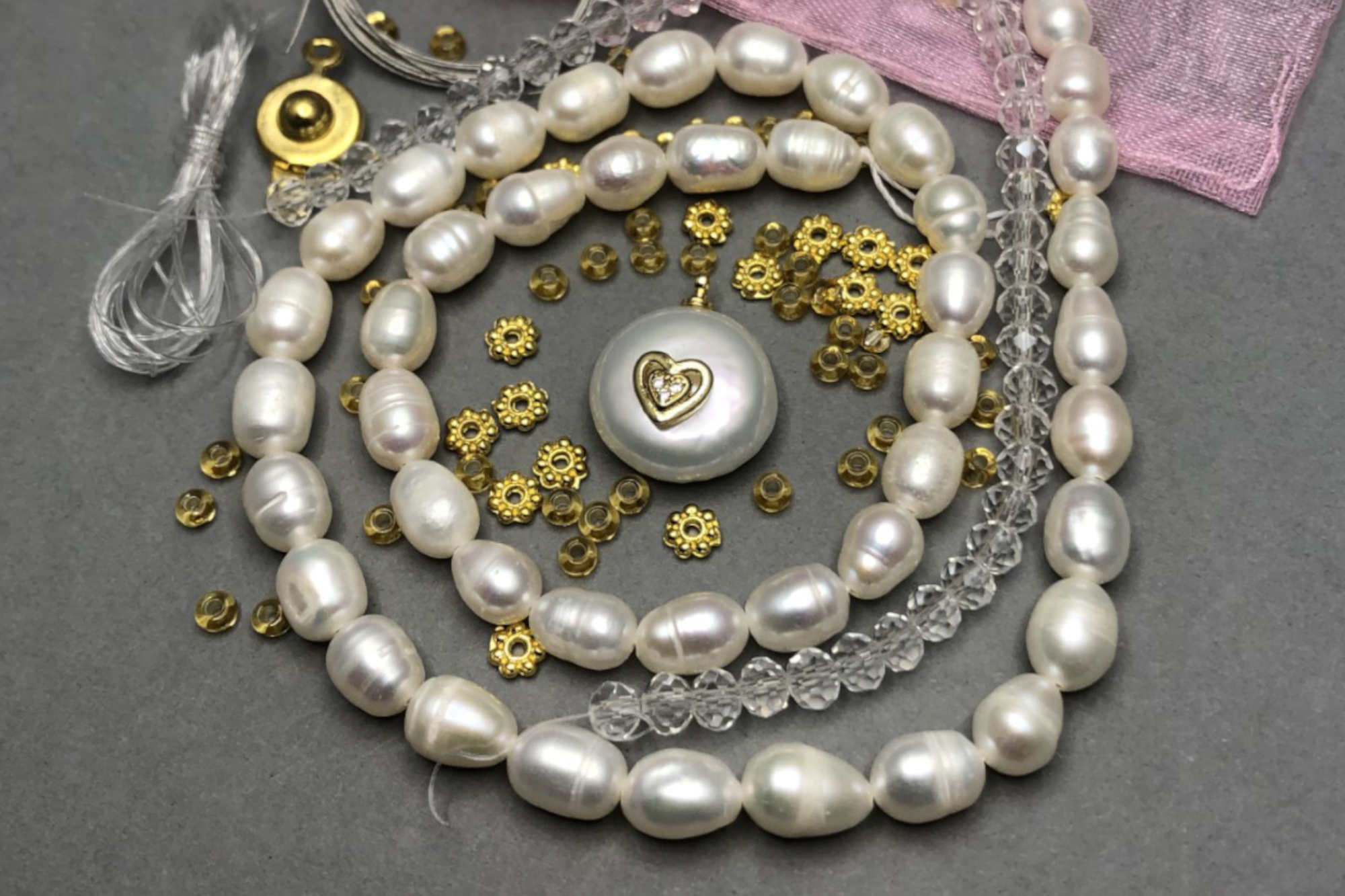 Freshwater Pearl Necklace Kit, Gold Diamanté Heart Pendant