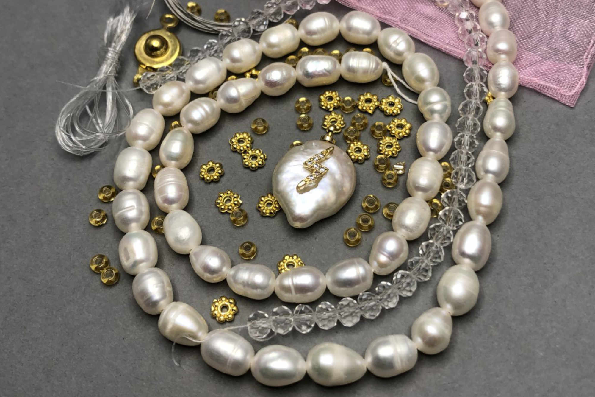 Freshwater Pearl Necklace Kit, Gold Diamanté Lightning Bolt Pendant